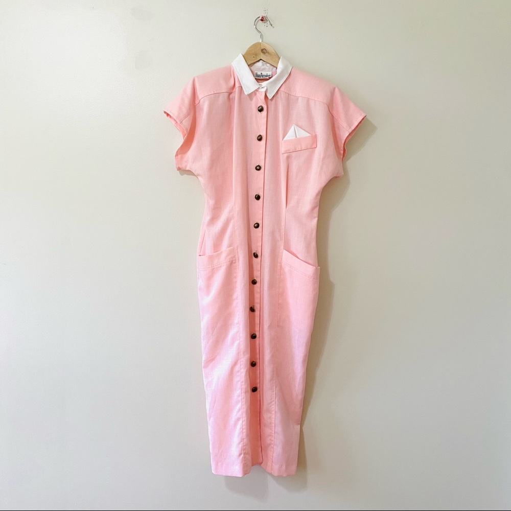 Vintage 1950s 50s dress pink button front retro grease costume style 8